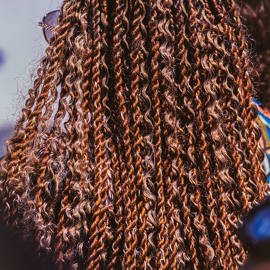 Licensed stock photograph: textured twists with curled ends, seen close from behind.